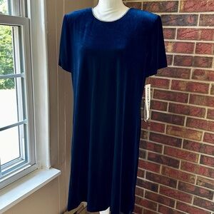 Elegant Navy Midi Velvet Dress Crystal Collar Holiday Travel Evening Outfit Vtg